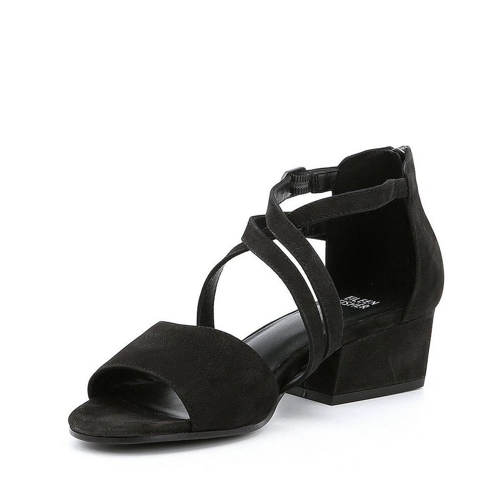 Eileen Fisher Women's Black Kyra Nubuck Block Heel Sandals SZ 9 Leather Classic